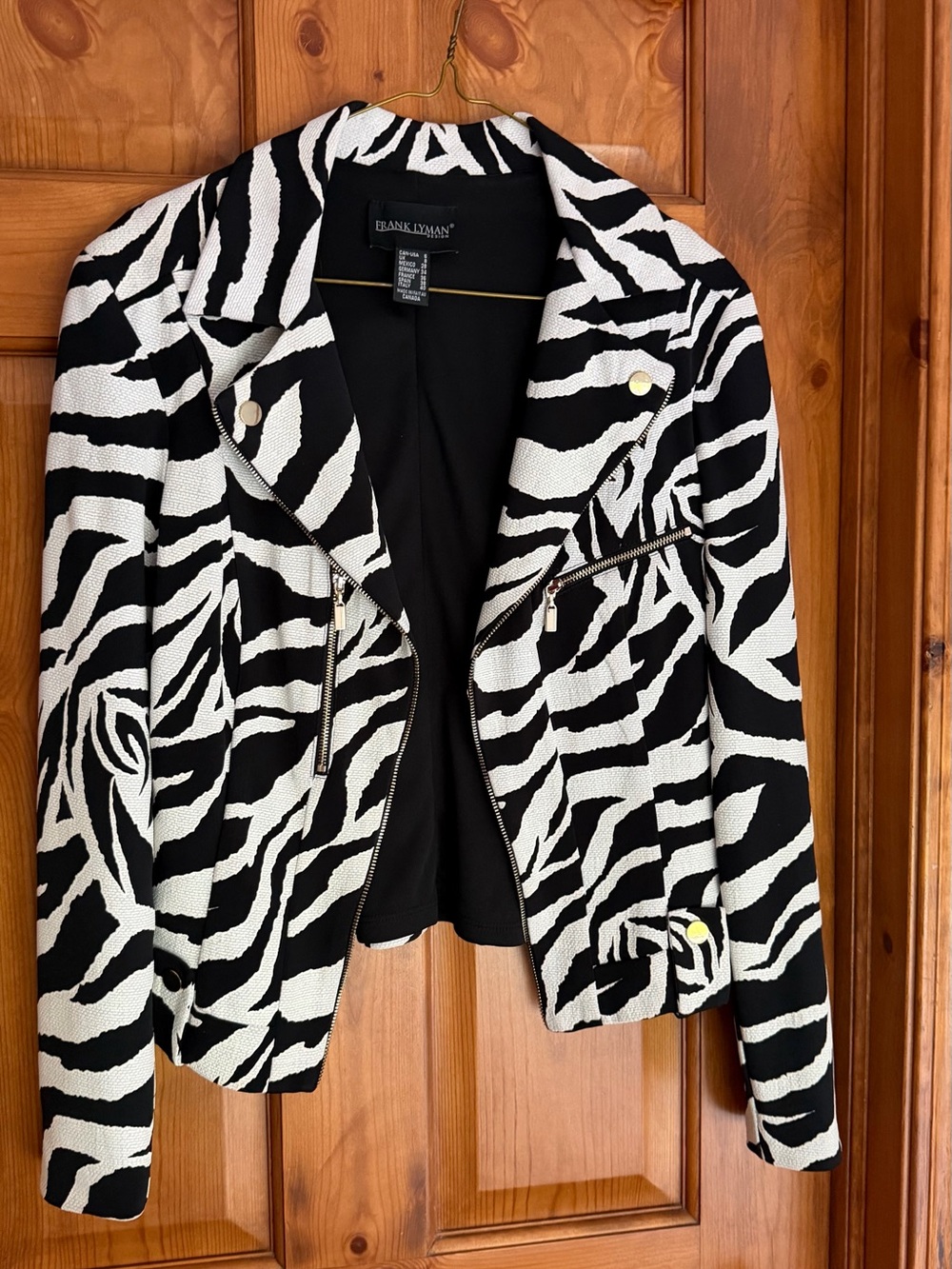 Frank Lyman Design Black and White Zebra-Print Moto Jacket